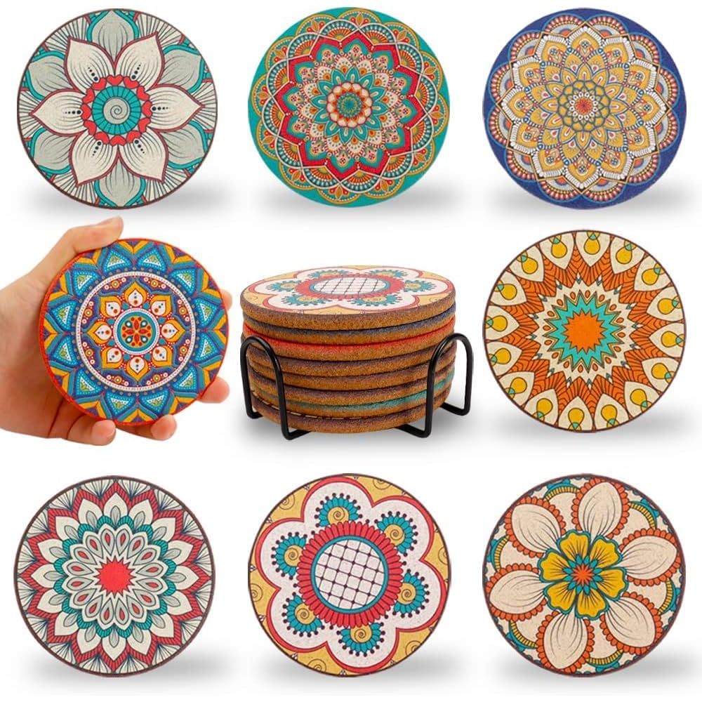 Home Bar Set - Set van 8 ronde, kleurrijke onderzetters