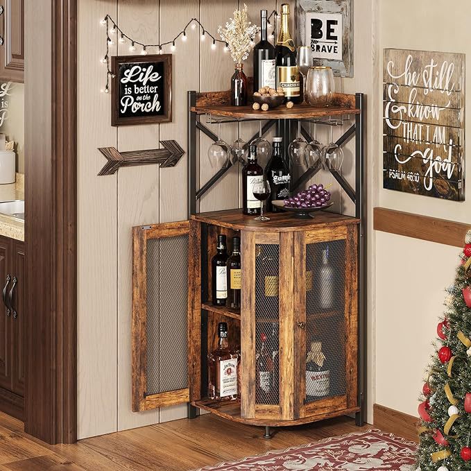 Home Bar And Cabinet - Hoekbar-kast met glazen houder, industriële wijnrek